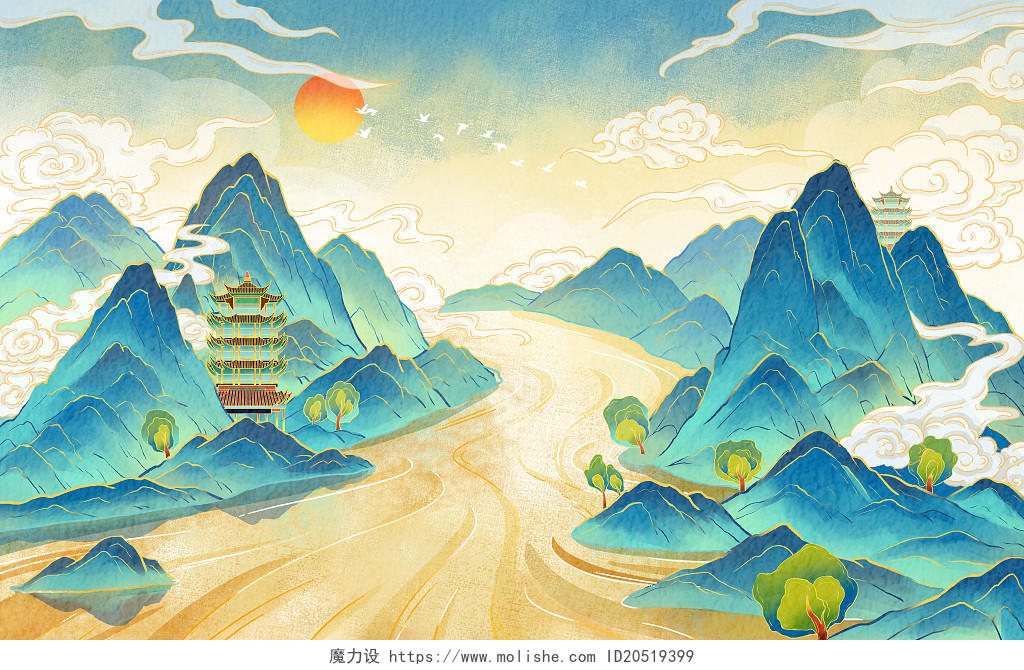 国潮山水背景国风风景插画手绘新中式山水画写意风景